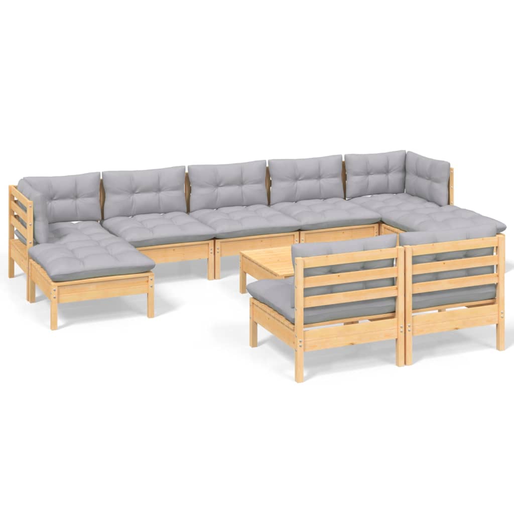 Set Divani da Giardino 10 pz con Cuscini Grigi Massello di Pino | homemem39
