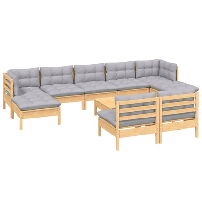 Set Divani da Giardino 10 pz con Cuscini Grigi Massello di Pino | homemem39