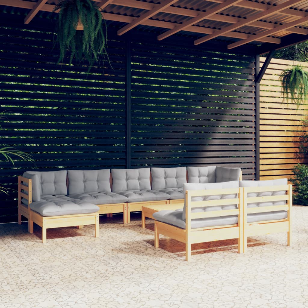 Set Divani da Giardino 10 pz con Cuscini Grigi Massello di Pino | homemem39