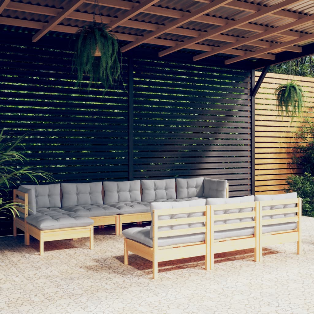 Set Divani da Giardino 10 pz con Cuscini Grigi Massello di Pino | homemem39