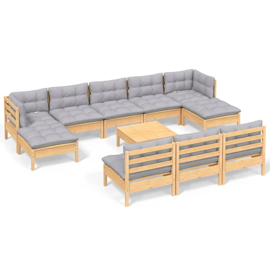 Set Divani da Giardino 11 pz con Cuscini Grigi Massello di Pino | homemem39