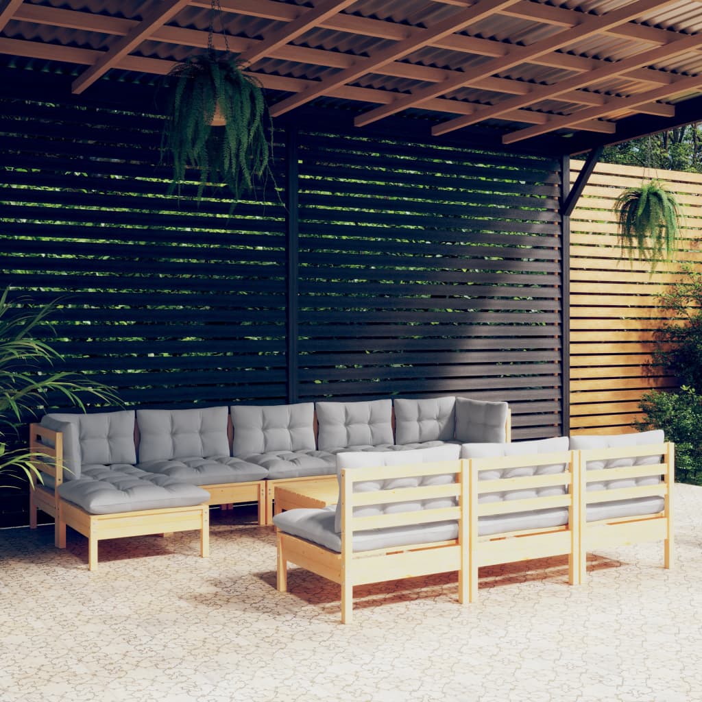 Set Divani da Giardino 11 pz con Cuscini Grigi Massello di Pino | homemem39