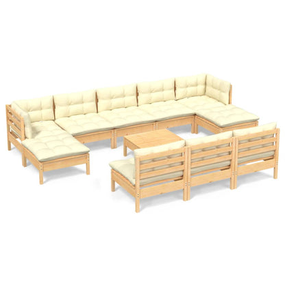 Set Divani da Giardino 11 pz con Cuscini Crema in Massello di Pino