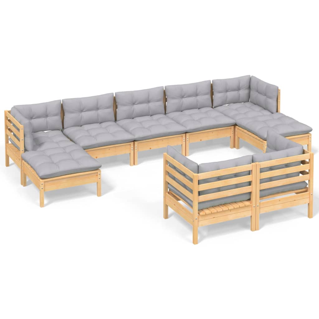 Set Divani da Giardino 9 pz con Cuscini Grigi Massello di Pino | homemem39