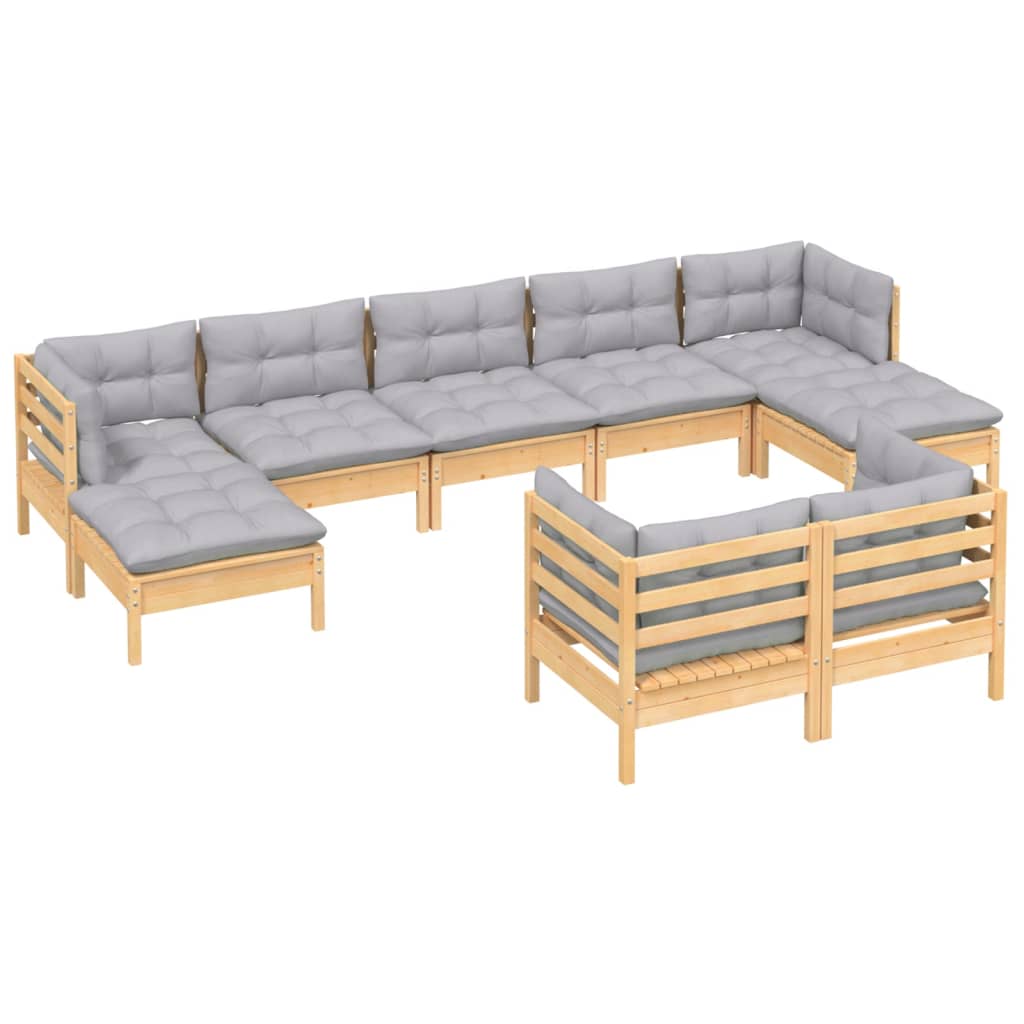Set Divani da Giardino 9 pz con Cuscini Grigi Massello di Pino | homemem39