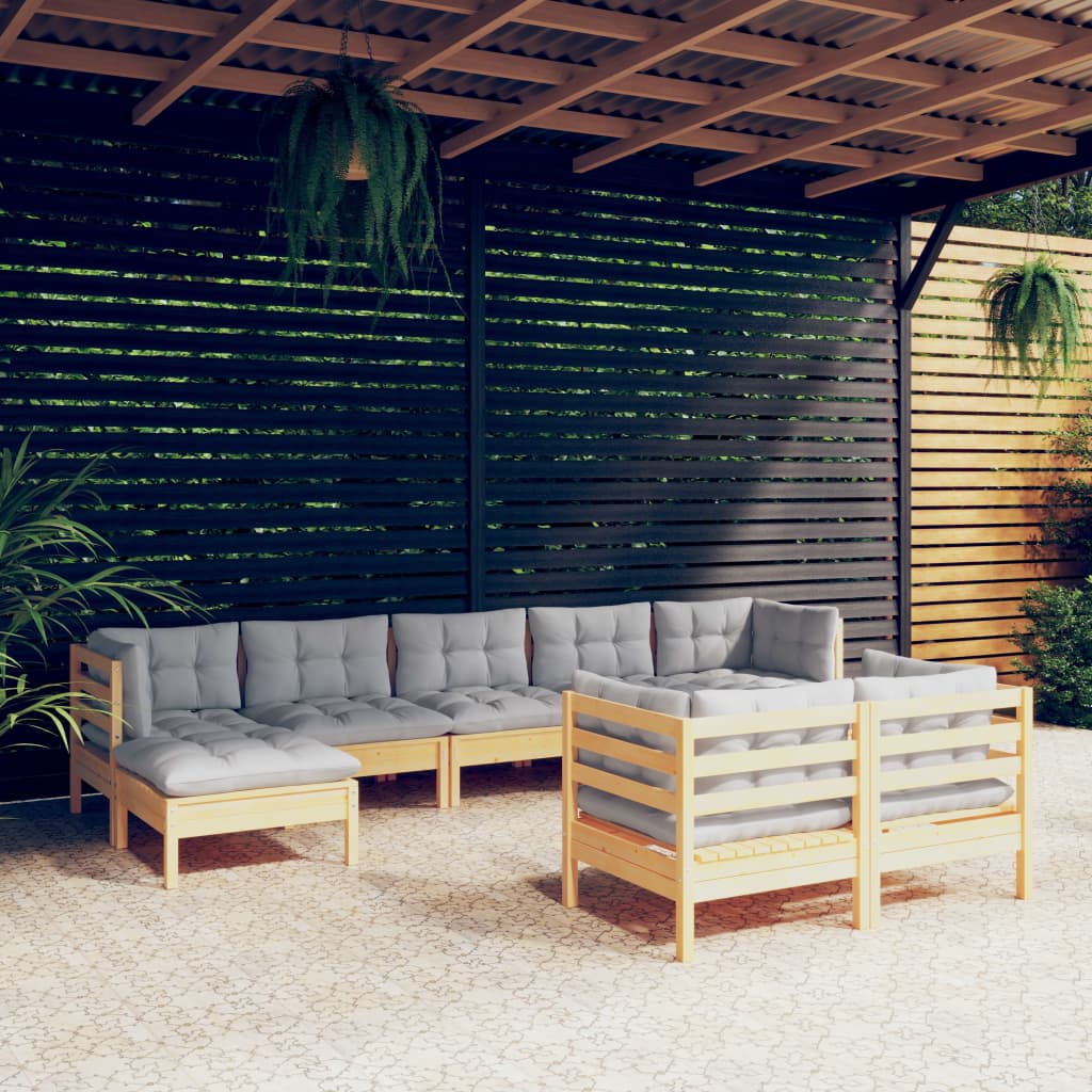 Set Divani da Giardino 9 pz con Cuscini Grigi Massello di Pino | homemem39