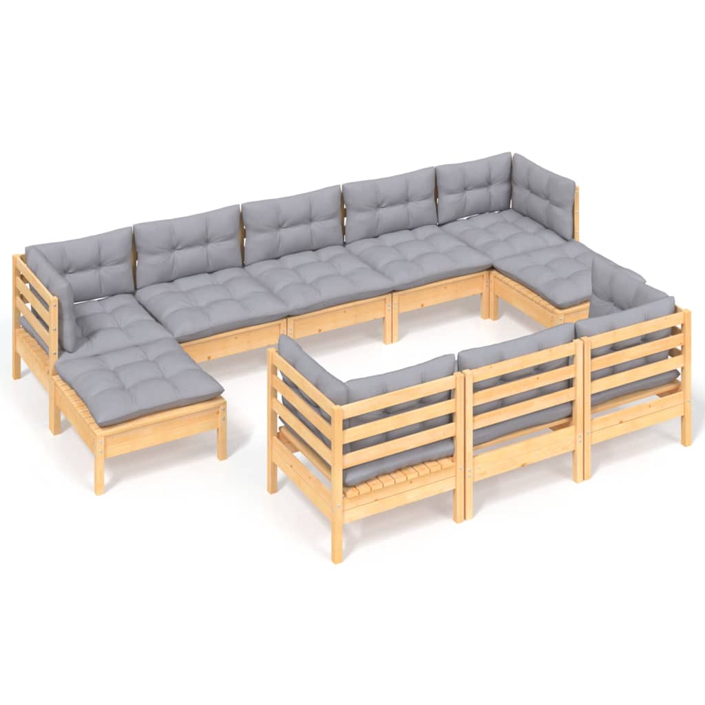 Set Divani da Giardino 10 pz con Cuscini Grigi Massello di Pino | homemem39