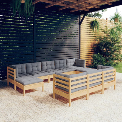 Set Divani da Giardino 10 pz con Cuscini Grigi Massello di Pino | homemem39