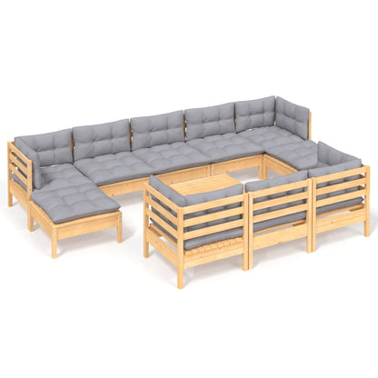 Set Divani da Giardino 11 pz con Cuscini Grigi Massello di Pino | homemem39