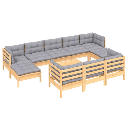 Set Divani da Giardino 11 pz con Cuscini Grigi Massello di Pino | homemem39