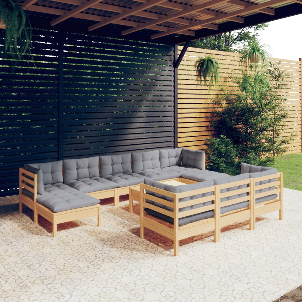 Set Divani da Giardino 11 pz con Cuscini Grigi Massello di Pino | homemem39