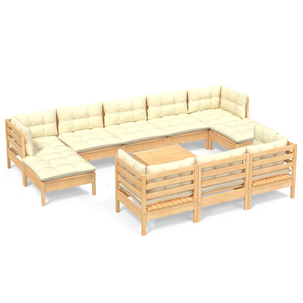 Set Divani da Giardino 11 pz con Cuscini Crema Massello di Pino | homemem39