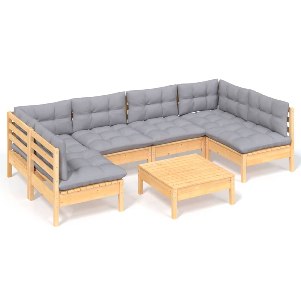 Set Divani da Giardino 7 pz con Cuscini Grigi Massello di Pino | homemem39