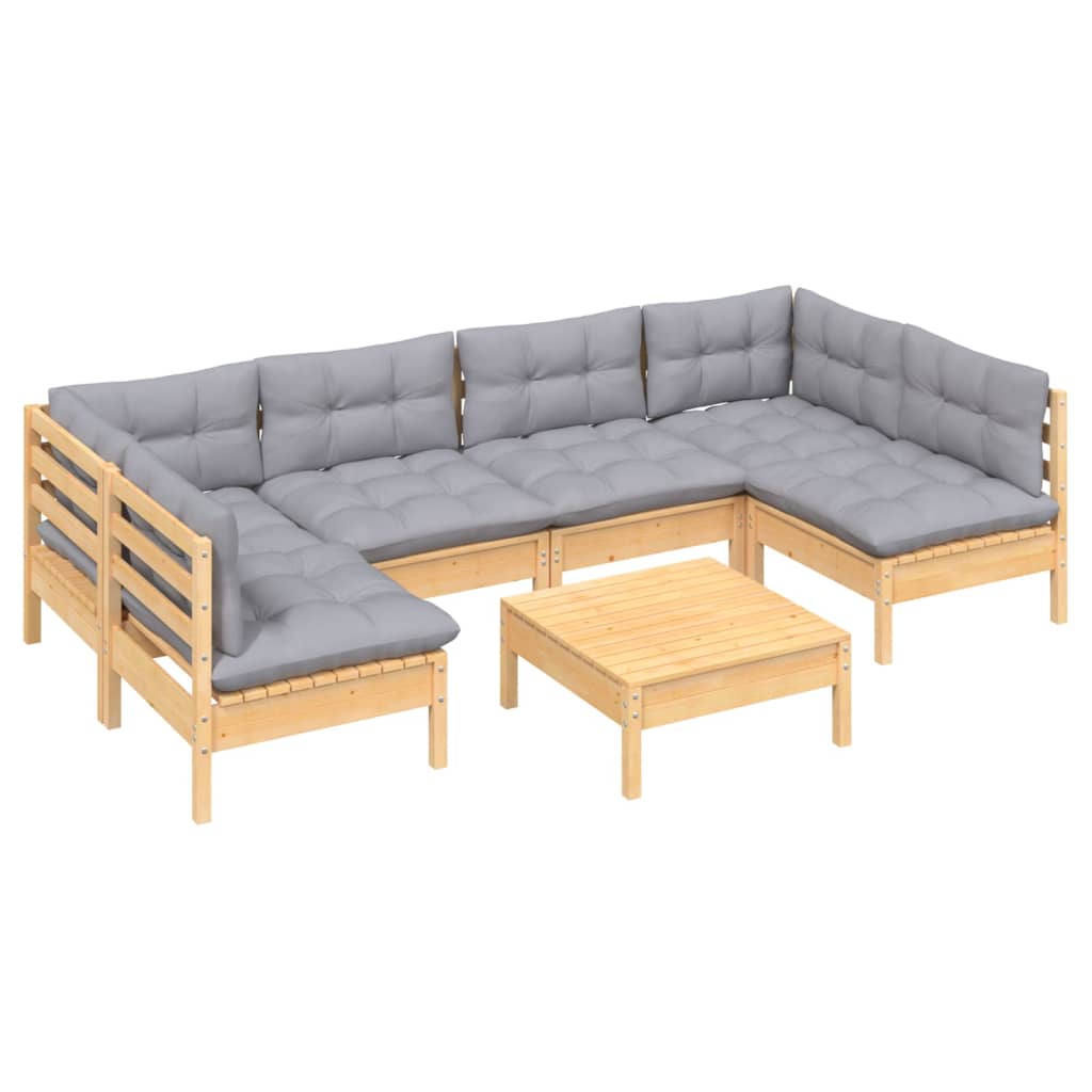 Set Divani da Giardino 7 pz con Cuscini Grigi Massello di Pino | homemem39