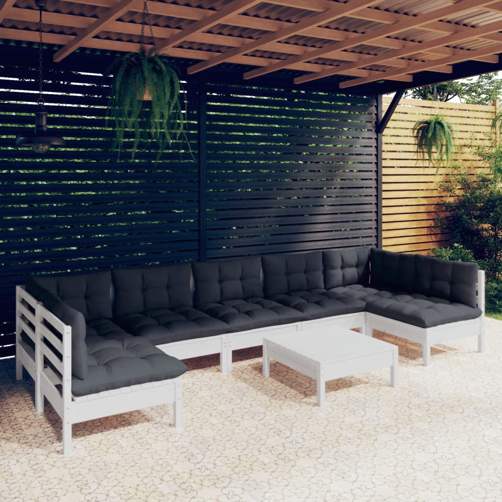Set Divani da Giardino 8 pz con Cuscini Bianchi Legno di Pino