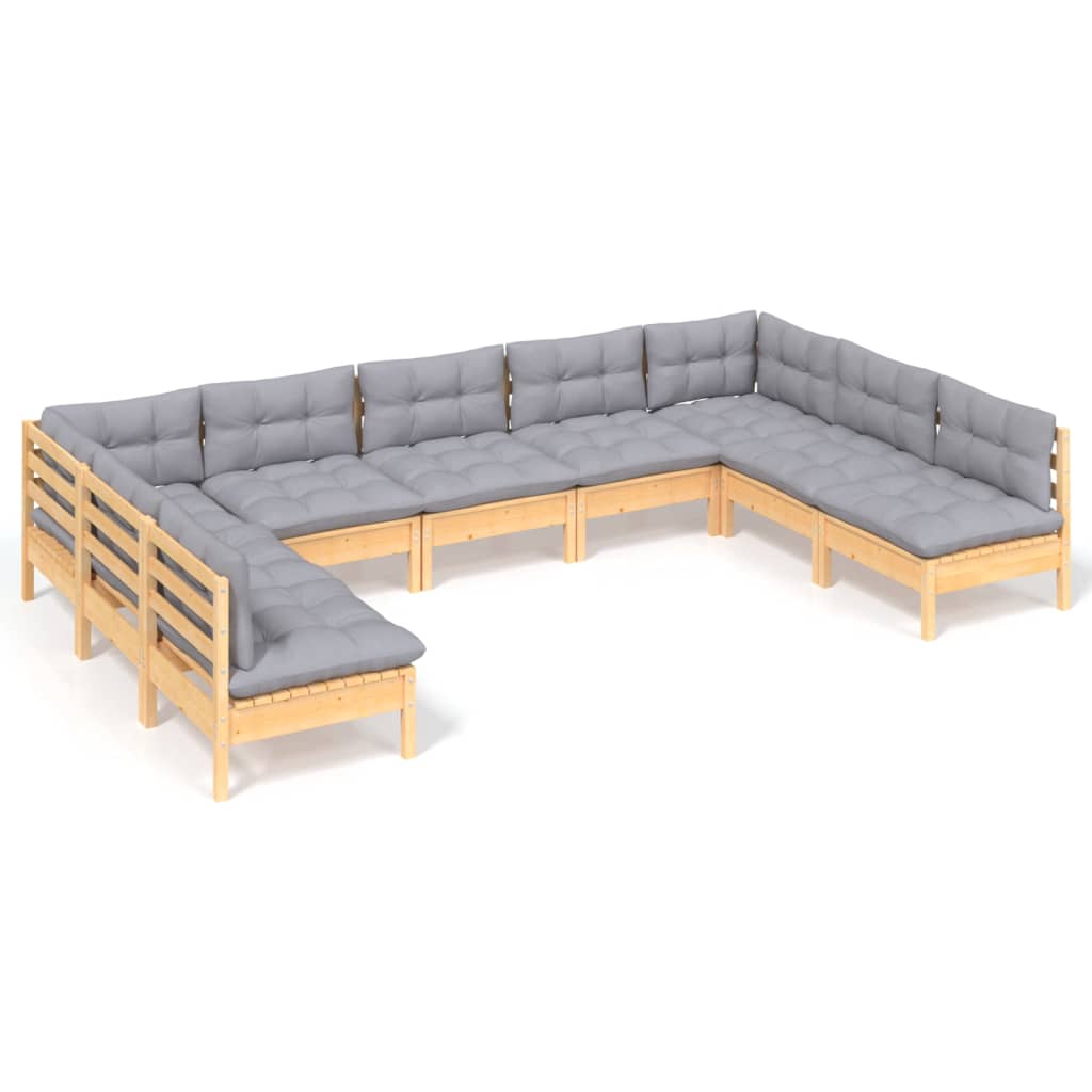 Set Divani da Giardino 9 pz con Cuscini Grigi Massello di Pino | homemem39