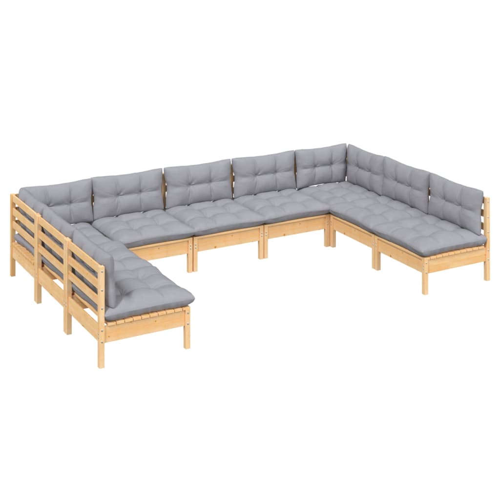 Set Divani da Giardino 9 pz con Cuscini Grigi Massello di Pino | homemem39