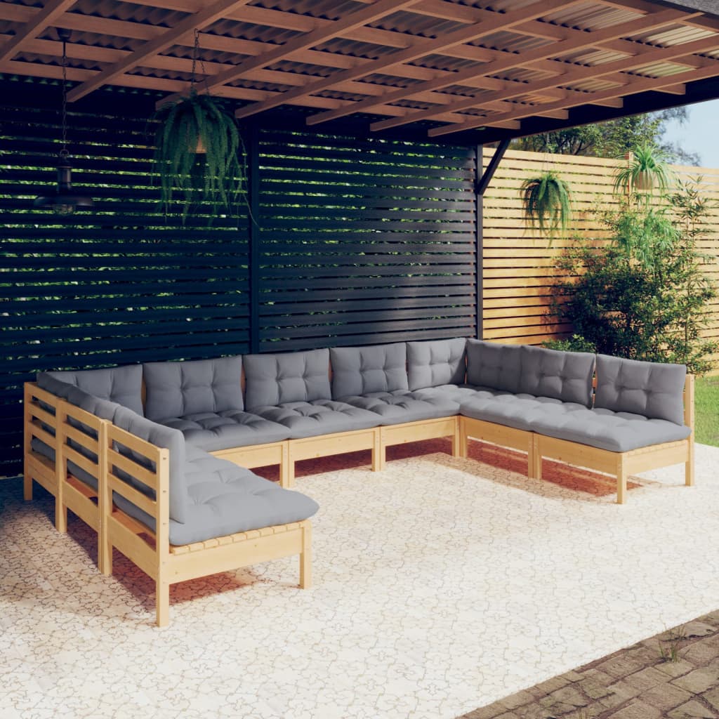 Set Divani da Giardino 9 pz con Cuscini Grigi Massello di Pino | homemem39