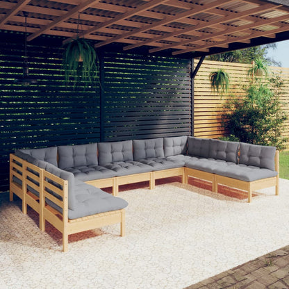 Set Divani da Giardino 9 pz con Cuscini Grigi Massello di Pino | homemem39