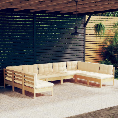 Set Divani da Giardino 9 pz con Cuscini Crema Massello di Pino