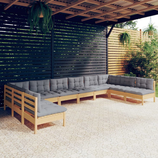 Set Divani da Giardino 10 pz con Cuscini Grigi Massello di Pino | homemem39