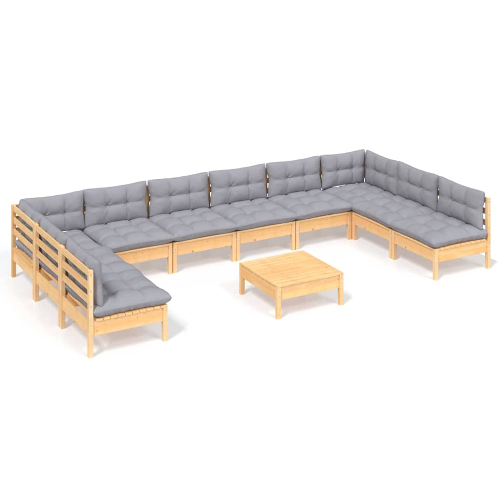 Set Divani da Giardino 11 pz con Cuscini Grigi Massello di Pino | homemem39