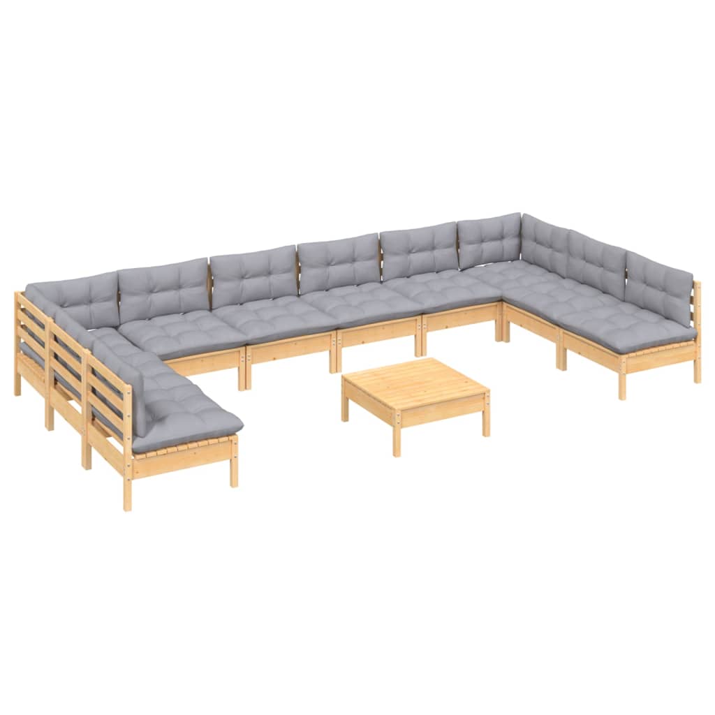 Set Divani da Giardino 11 pz con Cuscini Grigi Massello di Pino | homemem39