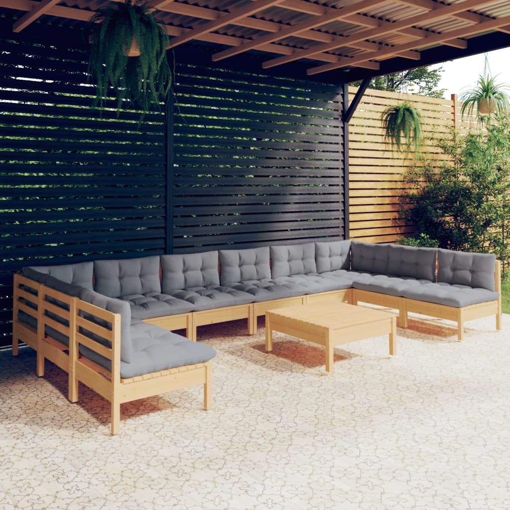Set Divani da Giardino 11 pz con Cuscini Grigi Massello di Pino | homemem39