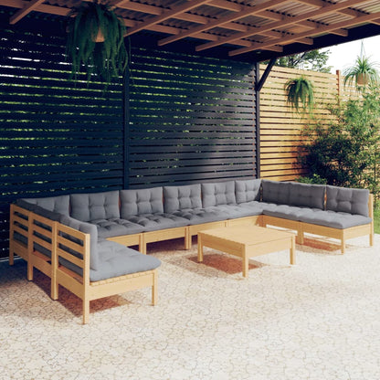 Set Divani da Giardino 11 pz con Cuscini Grigi Massello di Pino | homemem39