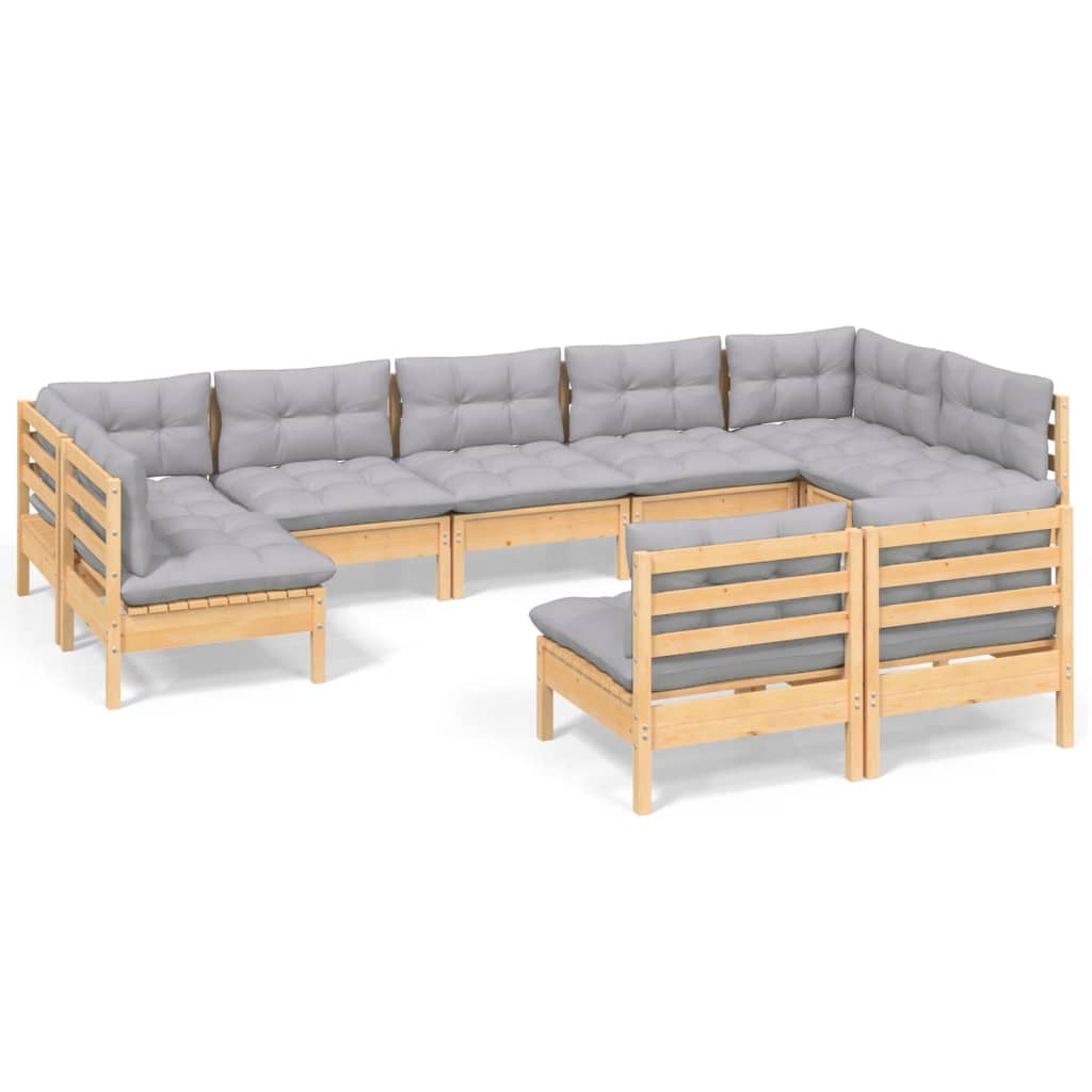 Set Divani da Giardino 9 pz con Cuscini Grigi Massello di Pino | homemem39