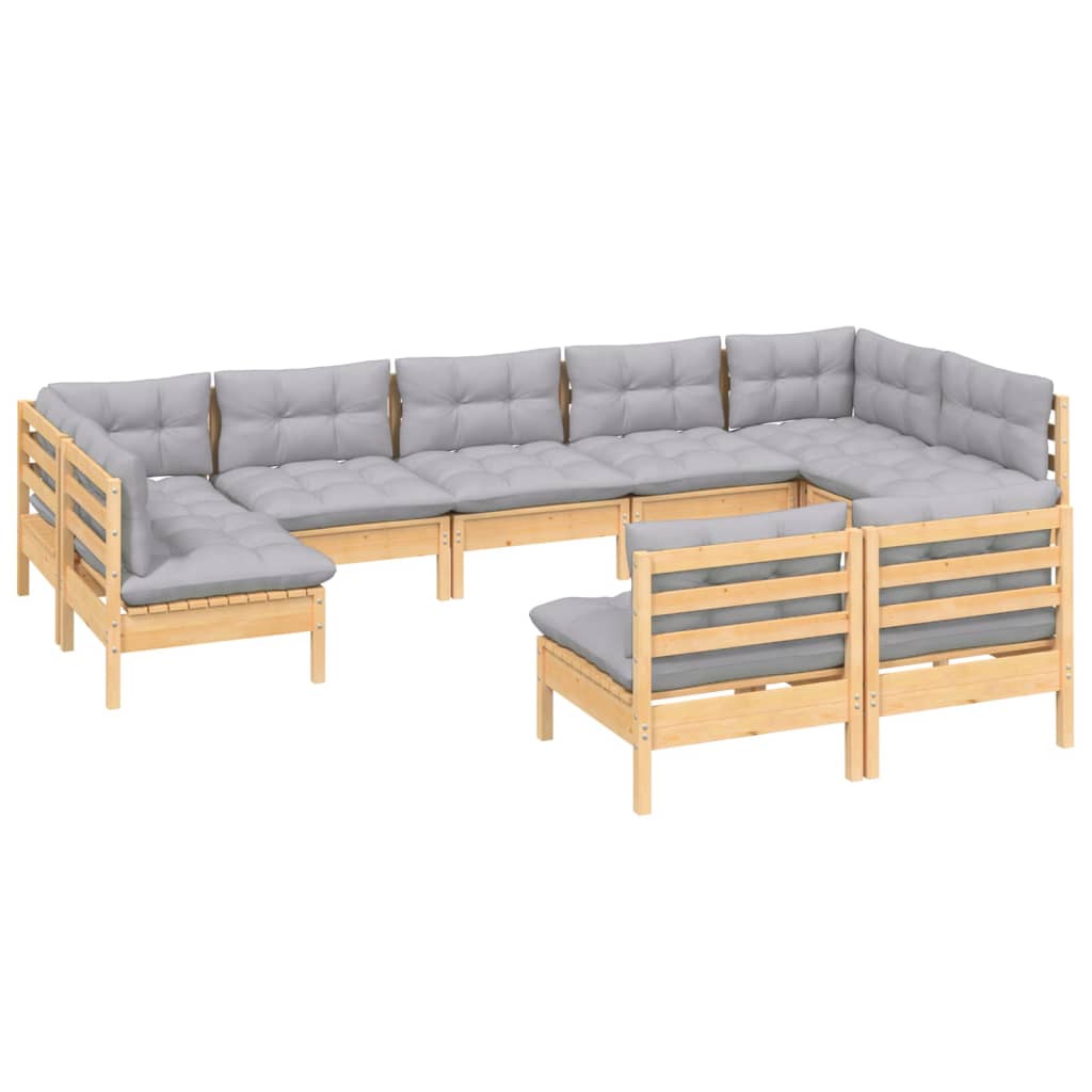 Set Divani da Giardino 9 pz con Cuscini Grigi Massello di Pino | homemem39