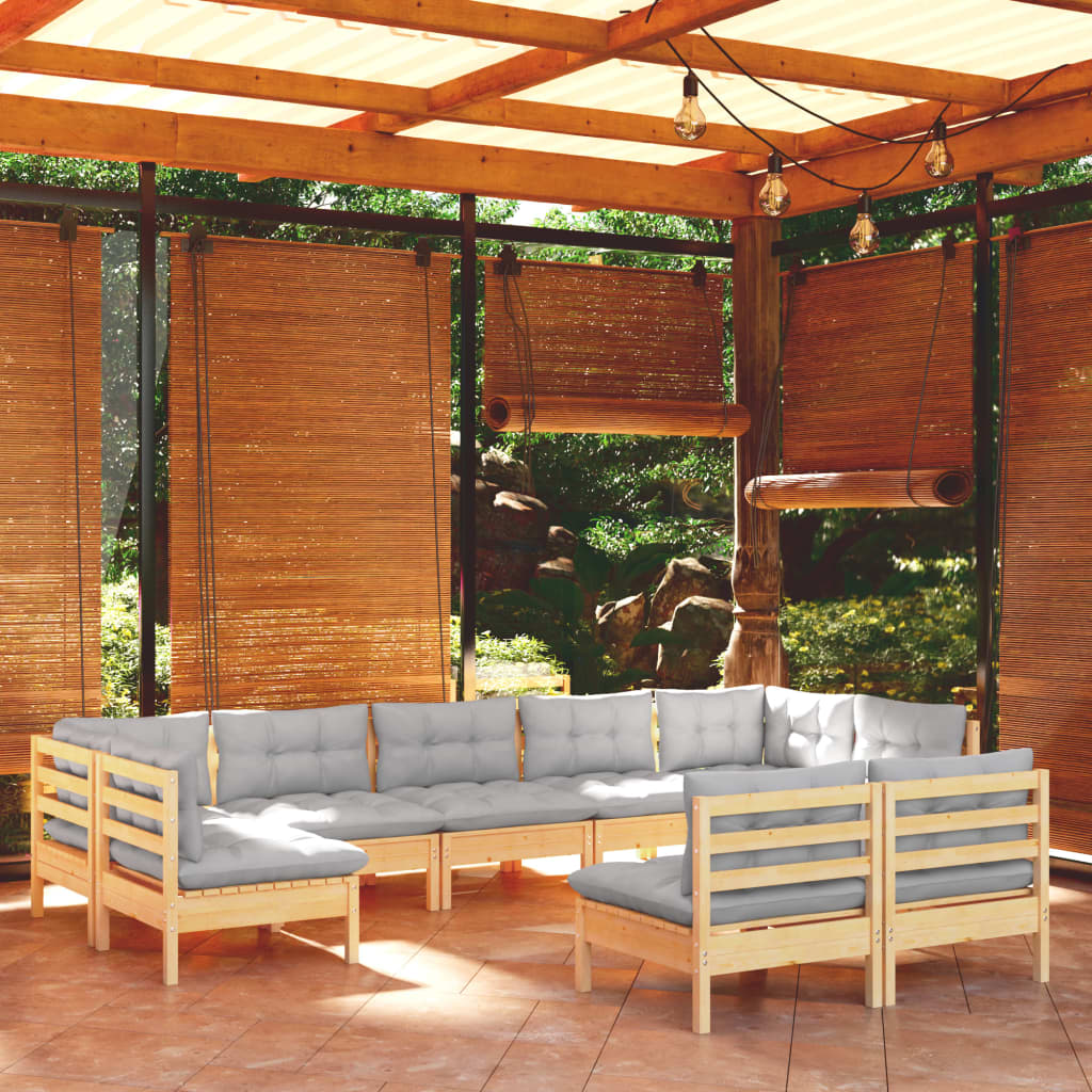 Set Divani da Giardino 9 pz con Cuscini Grigi Massello di Pino | homemem39