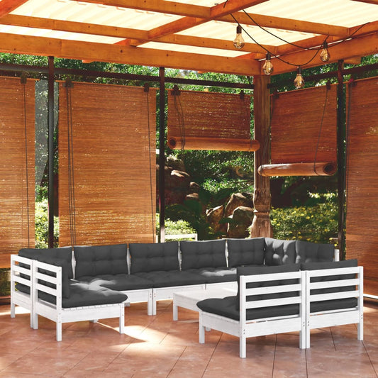 Set Divani da Giardino 10 pz con Cuscini Bianchi Legno di Pino | homemem39