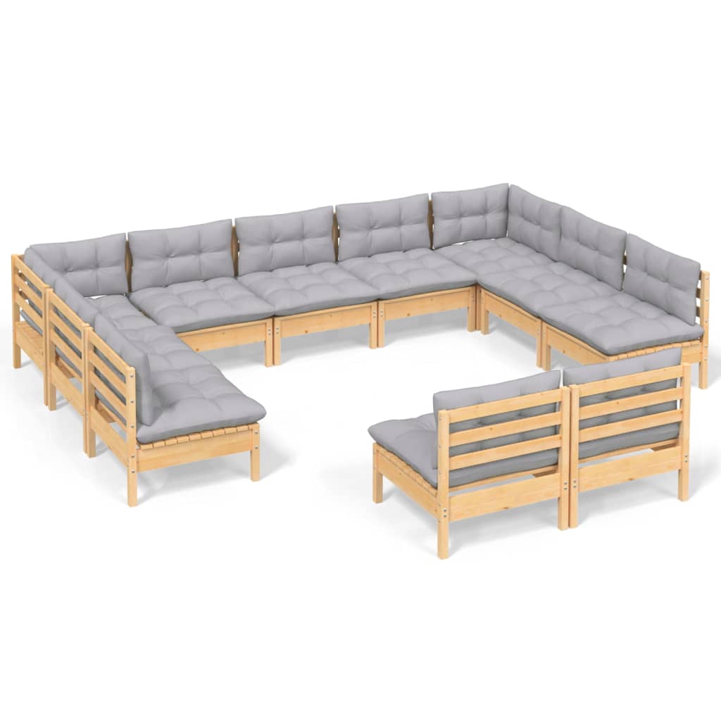 Set Divani da Giardino 11 pz con Cuscini Grigi Massello di Pino | homemem39