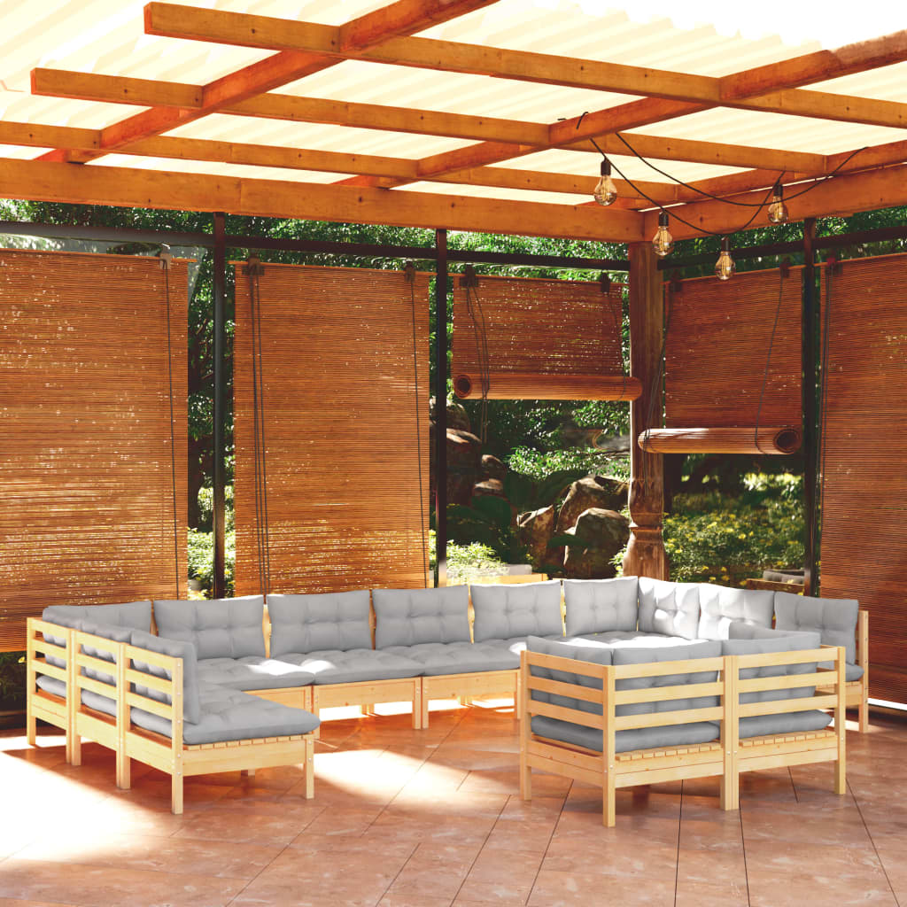 Set Divani da Giardino 11 pz con Cuscini Grigi Massello di Pino | homemem39