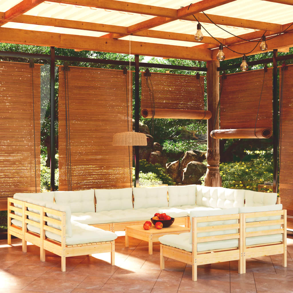 Set Divani da Giardino 12 pz con Cuscini Crema Massello di Pino | homemem39