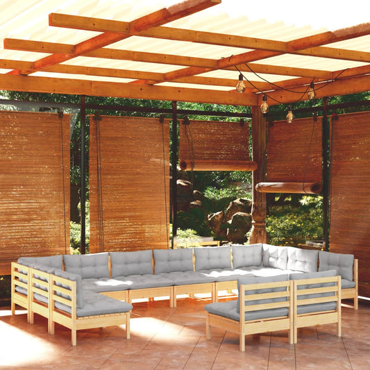 Set Divani da Giardino 12 pz con Cuscini Grigi Massello di Pino