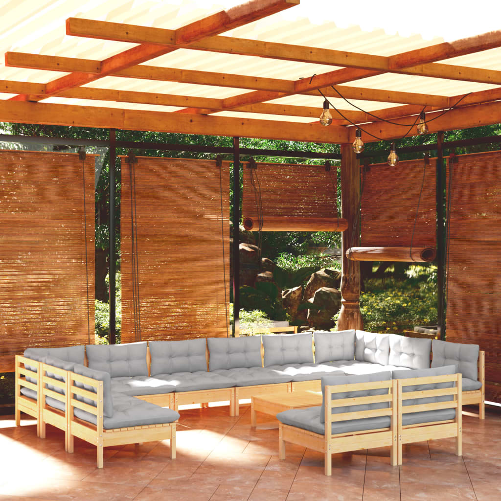 Set Divani da Giardino 13 pz con Cuscini Grigi Massello di Pino | homemem39
