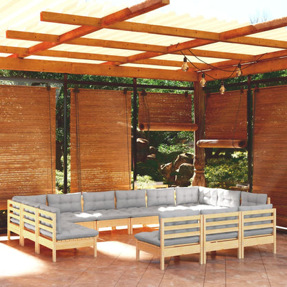 Set Divani da Giardino 13 pz con Cuscini Grigi Massello di Pino | homemem39