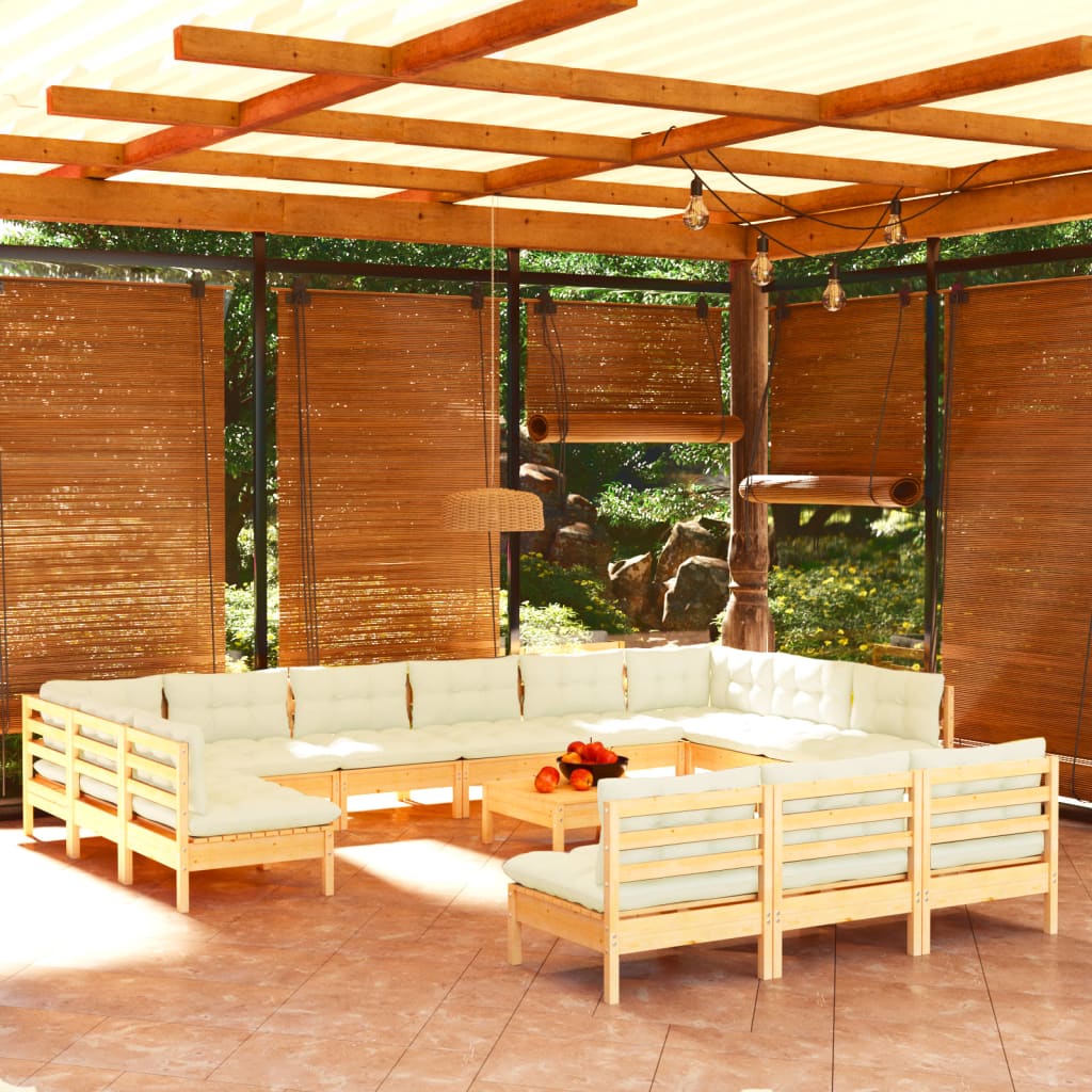 Set Divani da Giardino 14 pz con Cuscini Crema Massello di Pino | homemem39