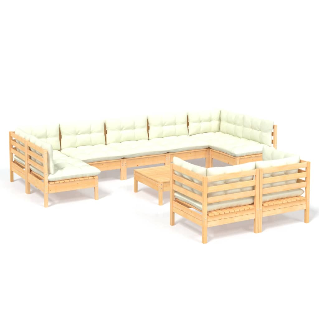 Set Divani da Giardino 10 pz con Cuscini Crema Massello di Pino | homemem39