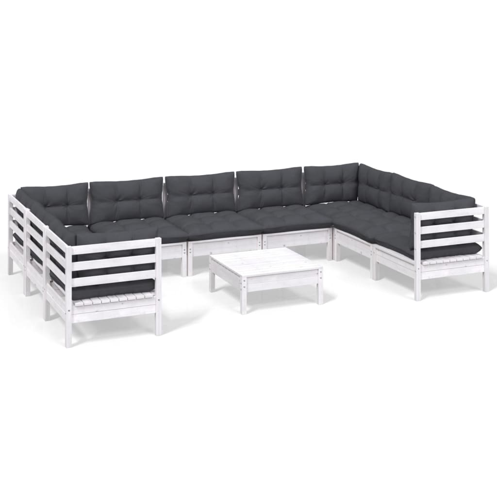 Set Divani da Giardino 10 pz con Cuscini Bianchi Legno di Pino | homemem39