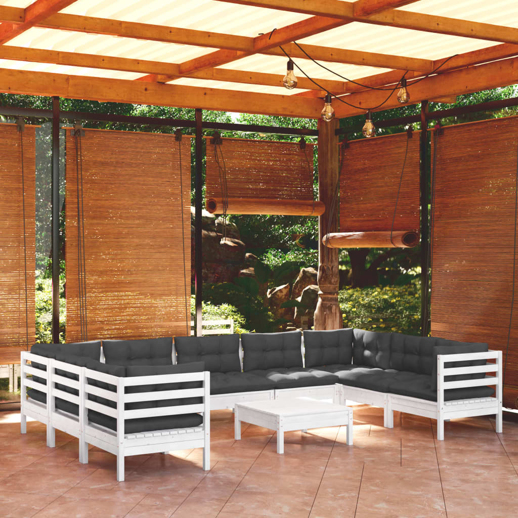 Set Divani da Giardino 10 pz con Cuscini Bianchi Legno di Pino | homemem39