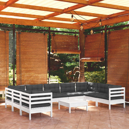 Set Divani da Giardino 10 pz con Cuscini Bianchi Legno di Pino | homemem39