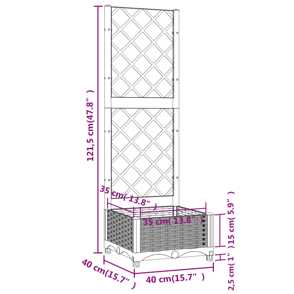 Fioriera da giardino con traliccio nera 40x40x121,5 cm PP | homemem39