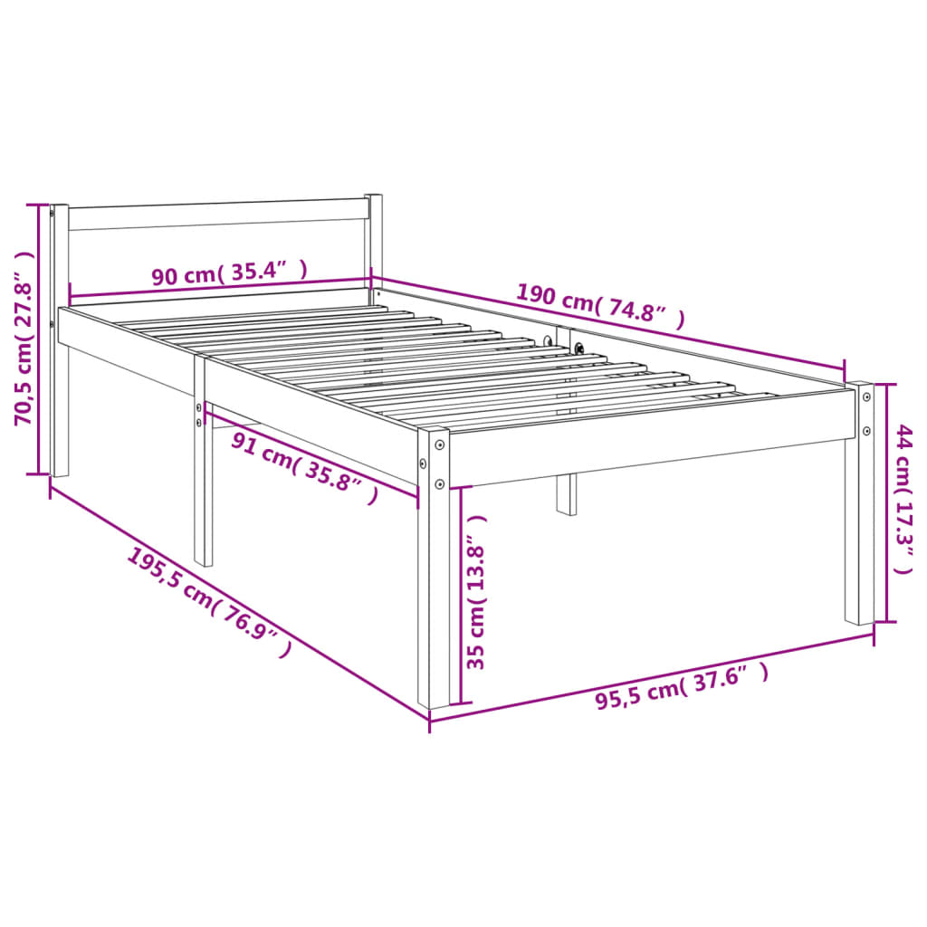 Letto per Anziani 90x190 cm Single in Legno Massello di Pino