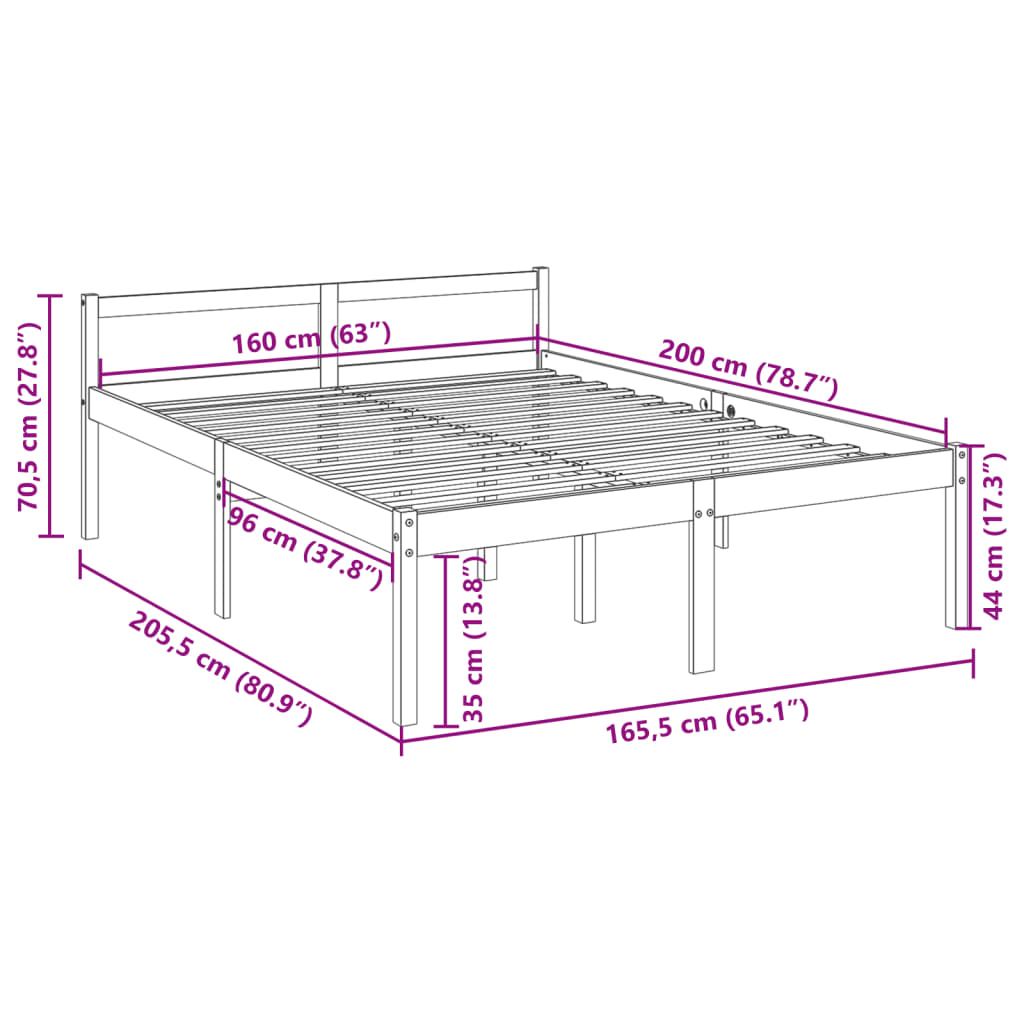 Letto per Anziani Bianco 160x200 cm in Legno Massello di Pino