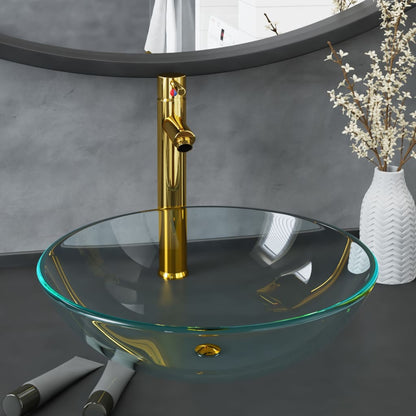 Lavandino con Rubinetto e Piletta a Pressione Vetro Temperato