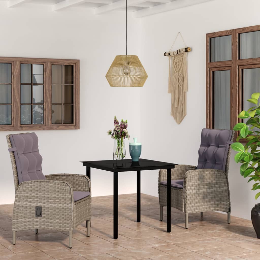 Set da Pranzo da Giardino 3 pz con Cuscini Grigio e Nero | homemem39