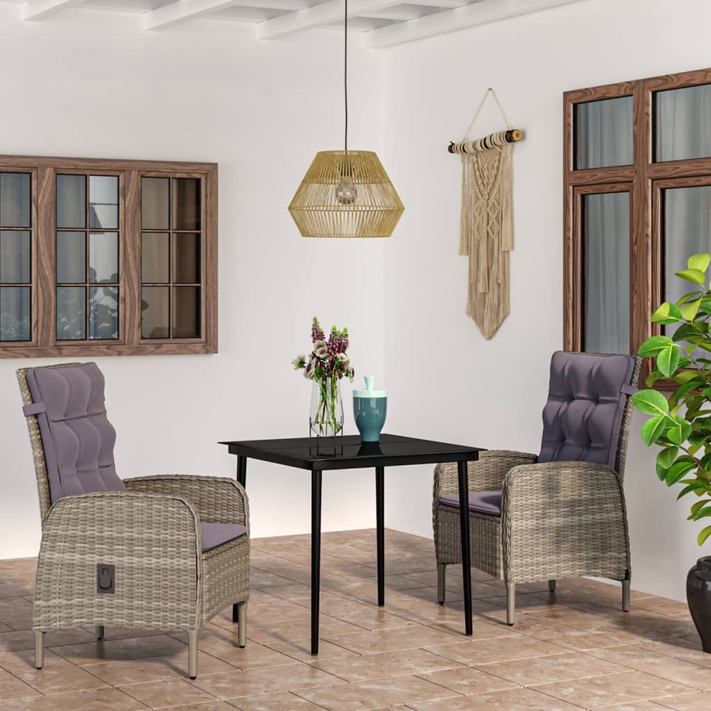 Set da Pranzo da Giardino 3 pz con Cuscini Grigio e Nero | homemem39